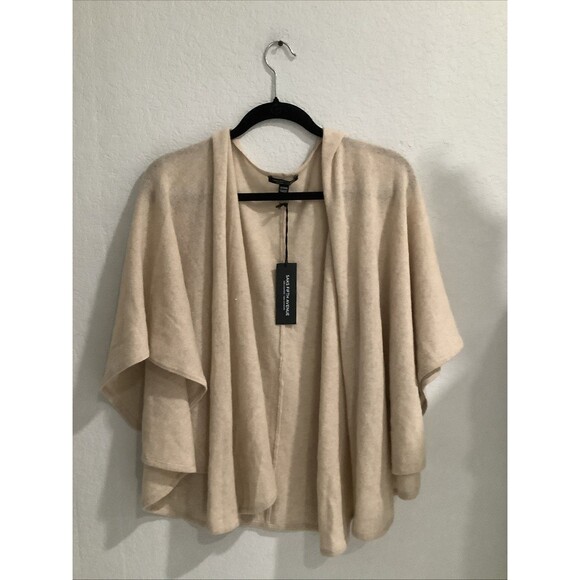 Saks Fifth Avenue Beige 100% Cashmere Knit Shawl Cape Sweater One Size NWT - Picture 1 of 4